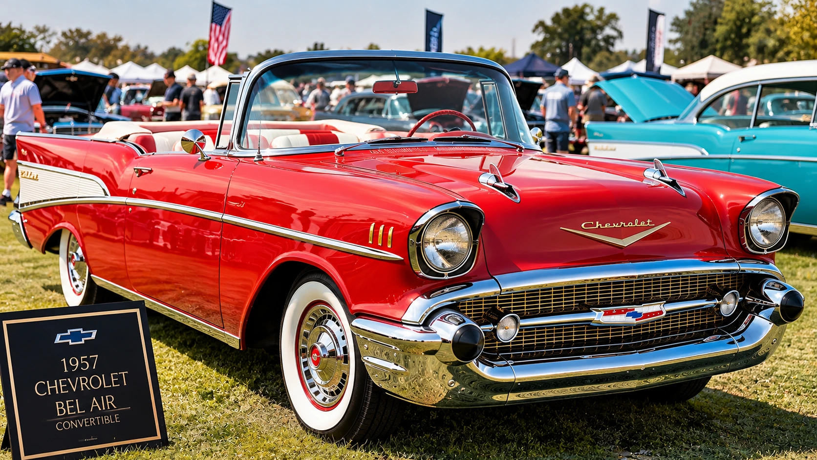 Red and white 1957 Chevrolet Bel Air convertible displayed at a classic car show in the United States