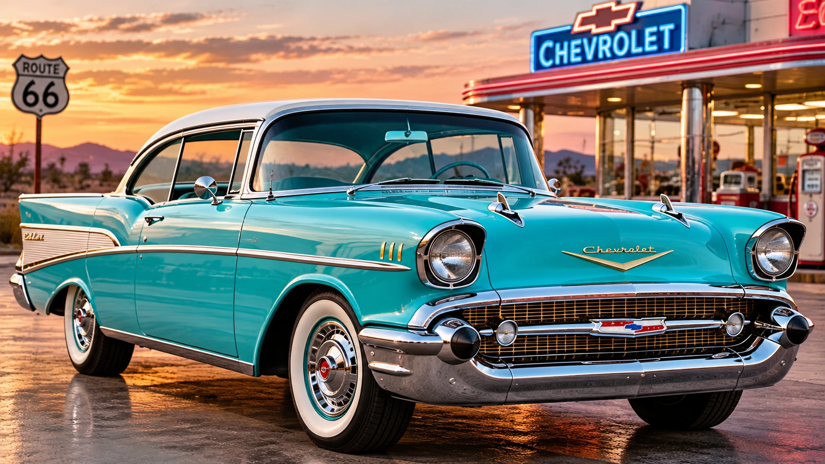 1957 Chevrolet Bel Air in turquoise and white with classic chrome styling at a Route 66 gas station