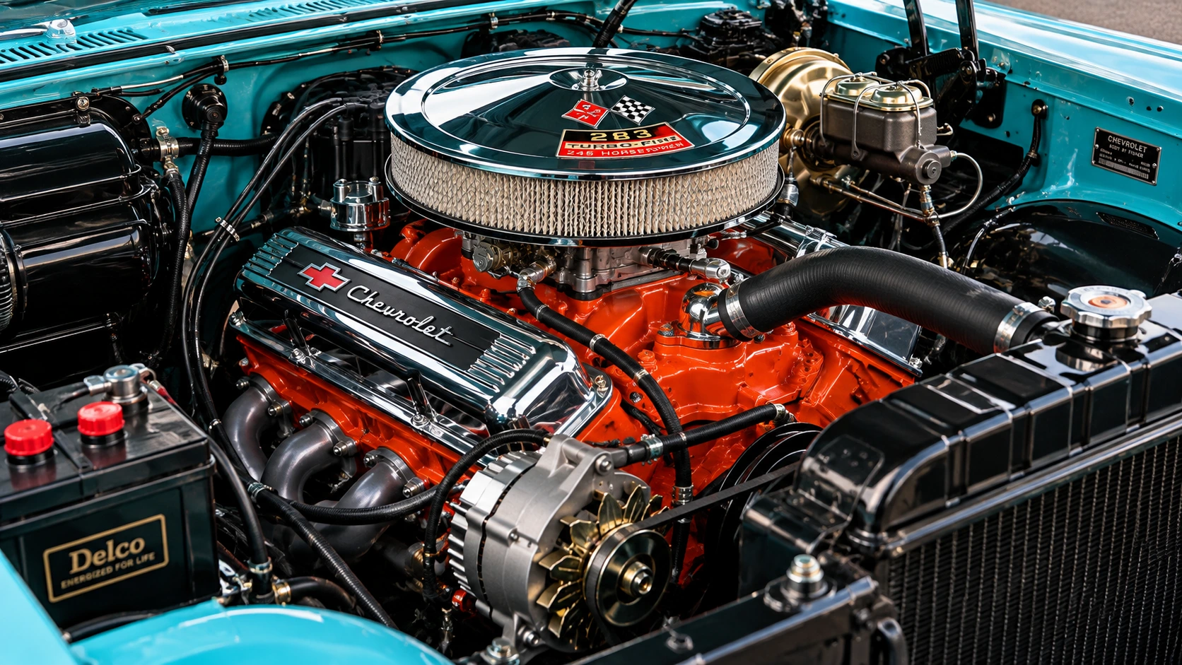 1957 Chevrolet Bel Air 283-cubic-inch V8 engine with orange engine block, chrome air cleaner and polished components