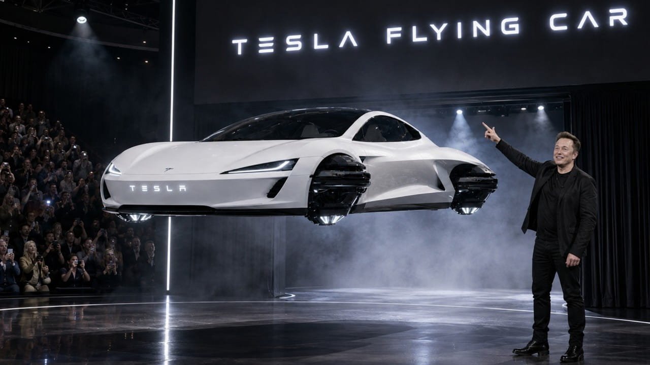 flying tesla exterior