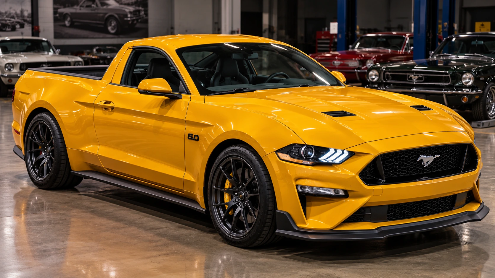 Yellow Ford Mustang Ute pickup truck concept displayed inside a Ford-style heritage workshop