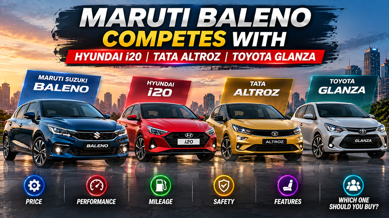 Maruti Baleno compared with Hyundai i20, Tata Altroz and Toyota Glanza