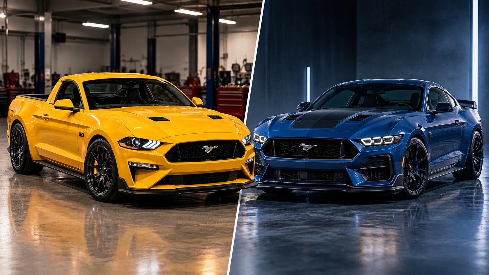 Ford Mustang Ute pickup concept compared with a modern Mustang Dark Horse