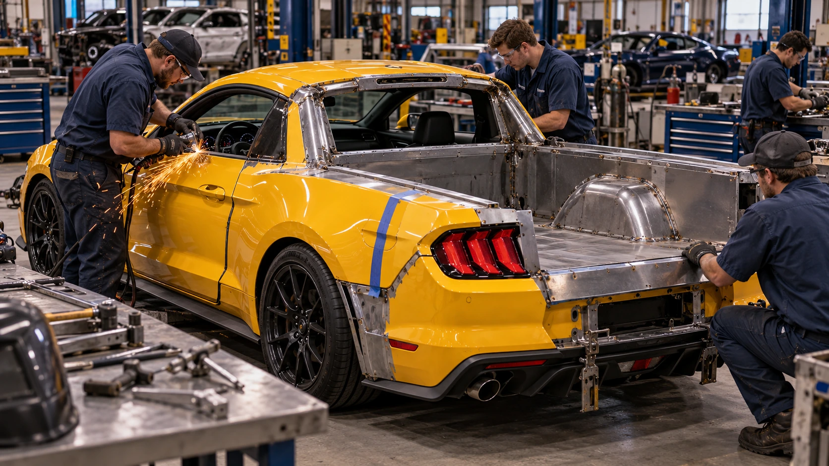 Ford Mustang Ute pickup truck being converted into a pickup by automotive technicians in a workshop