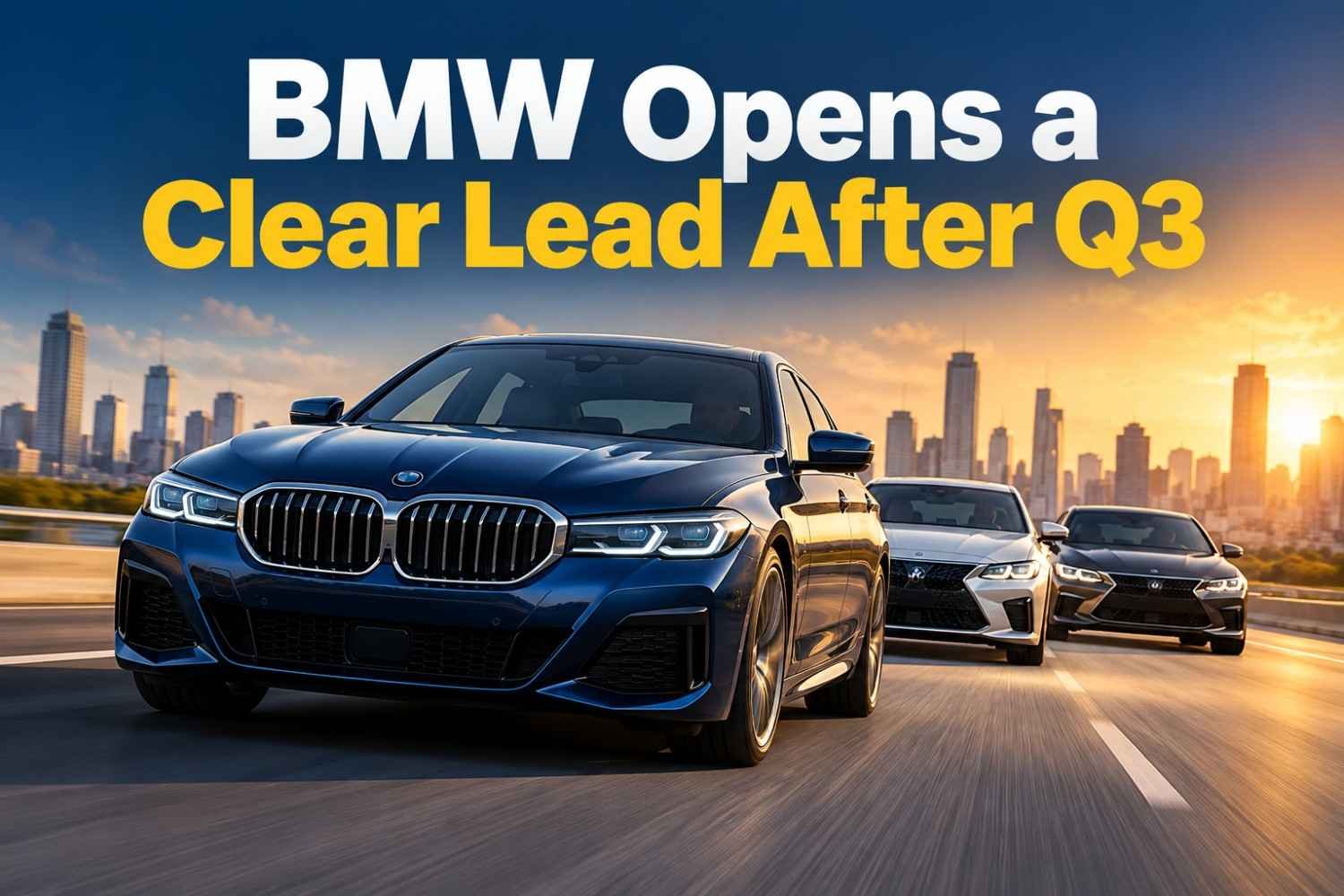 BMW U.S. luxury car sales Q3 2026 with a blue luxury sedan leading rival cars on a city highway.