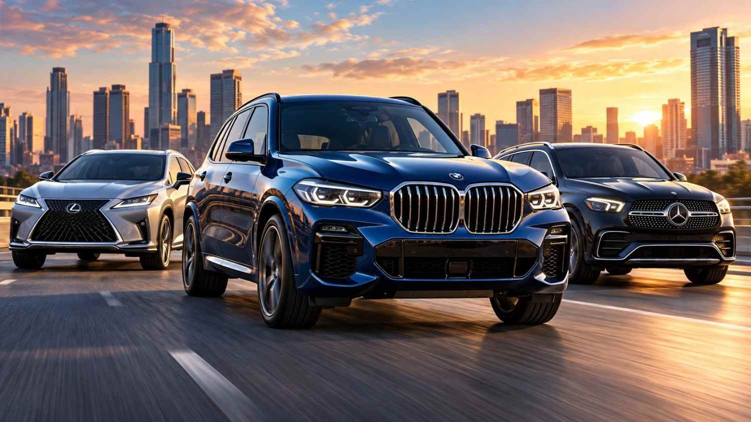 BMW SUV leading Lexus and Mercedes-Benz vehicles, illustrating BMW U.S. luxury car sales Q3 2026.