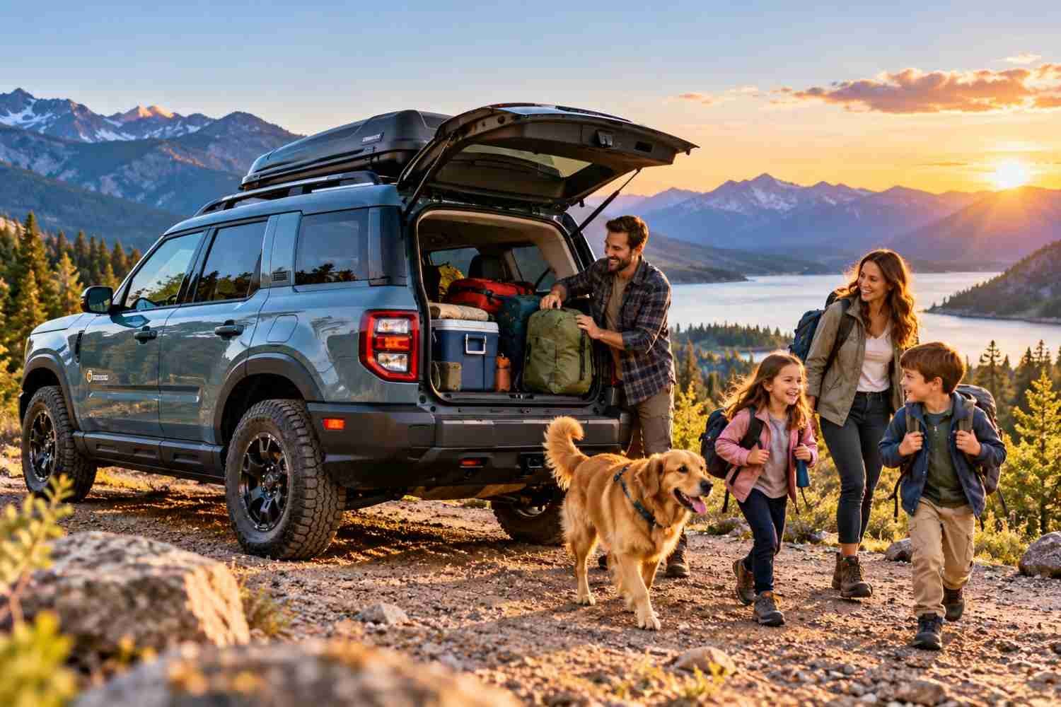 Ford SUV under $50000 parked beside a mountain lake with a family preparing for a camping adventure