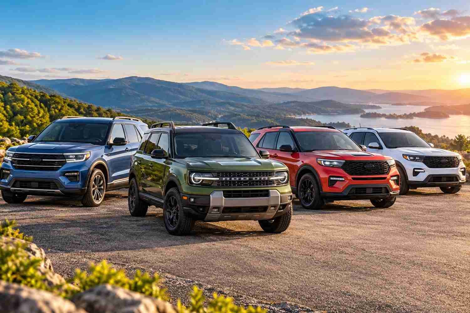 Ford SUVs under $50,000 parked on a scenic mountain overlook
