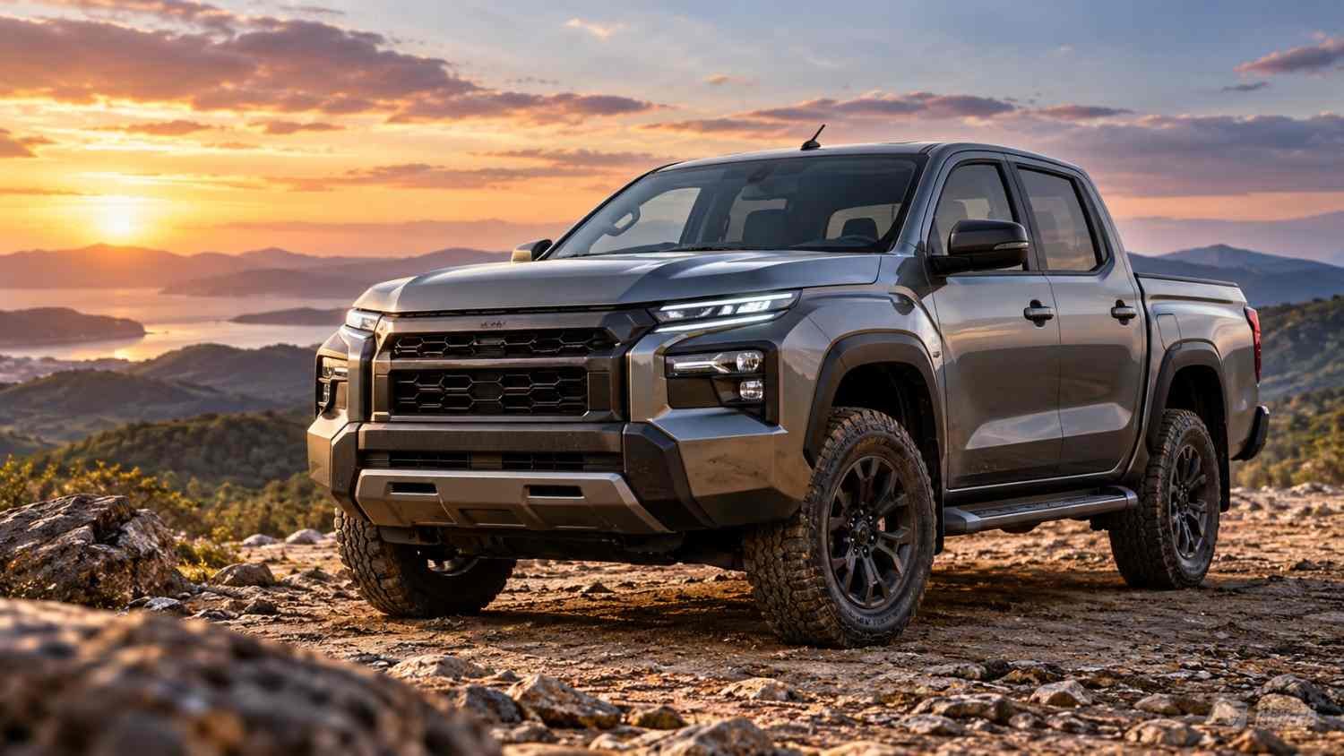 Rugged midsize pickup truck inspired by Honda Mitsubishi Triton reports parked on a rocky landscape at sunset
