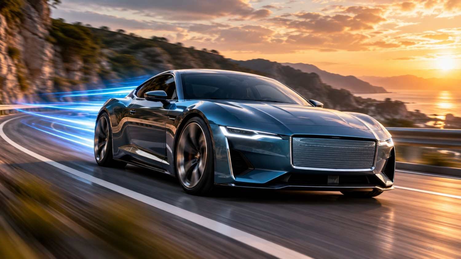 New Jaguar Electric GT speeding along a coastal road at sunset