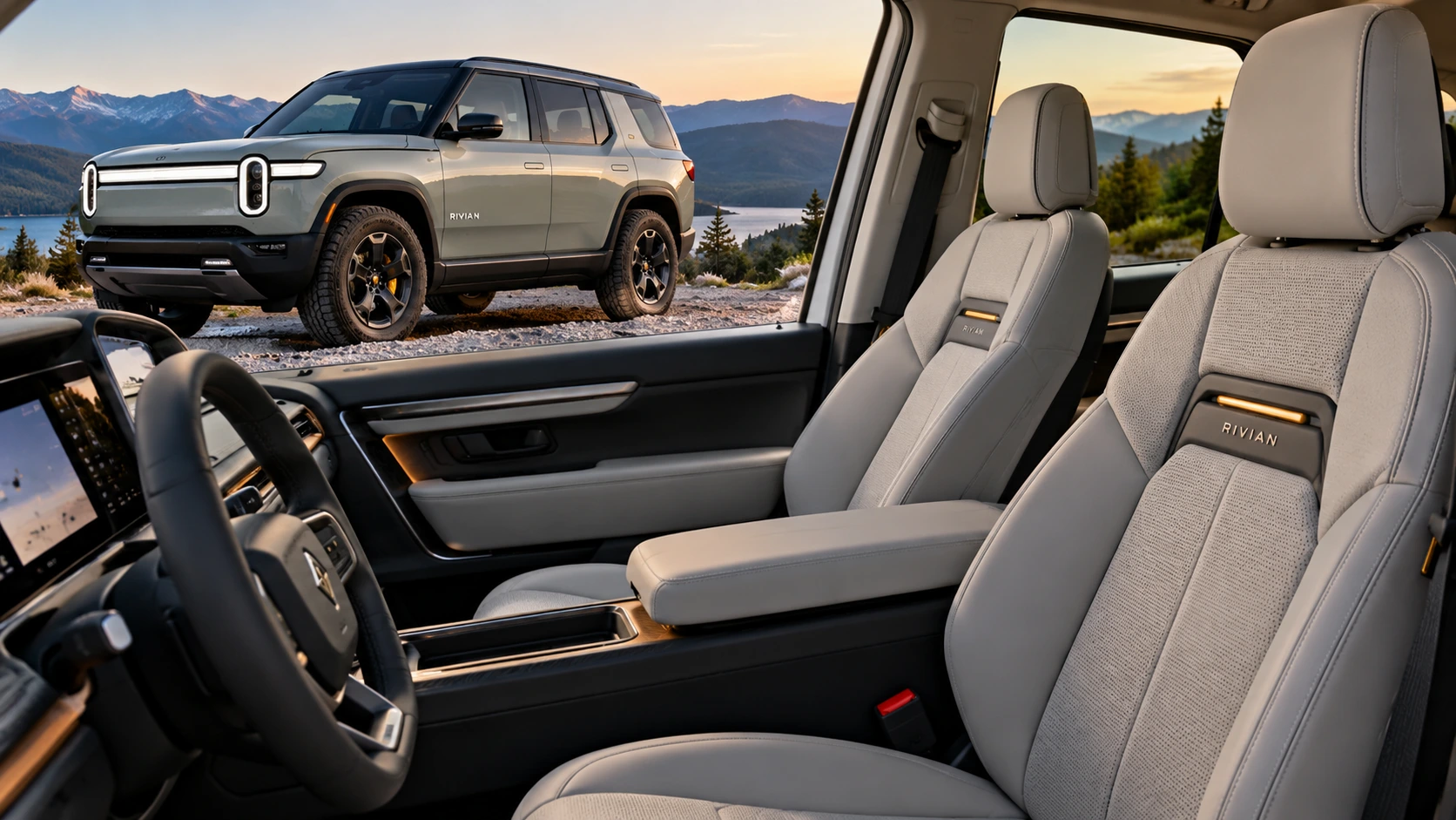 Rivian R2 electric SUV with a view of its front seats and interior