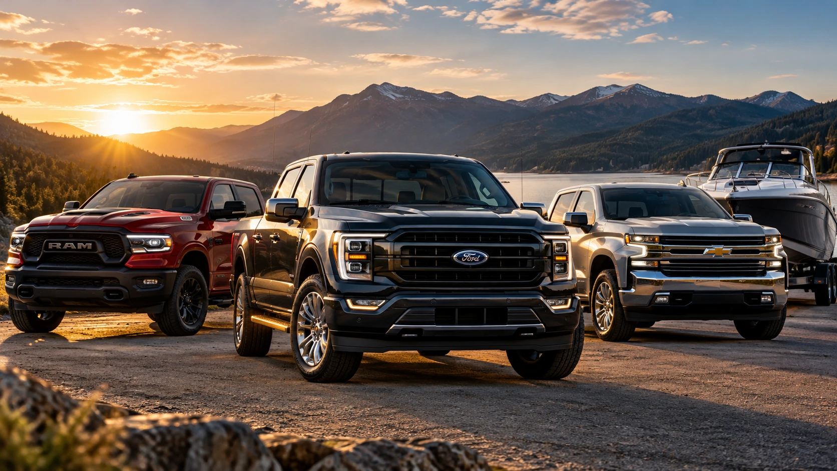 V8 pickup trucks showcasing towing power at a mountain lake